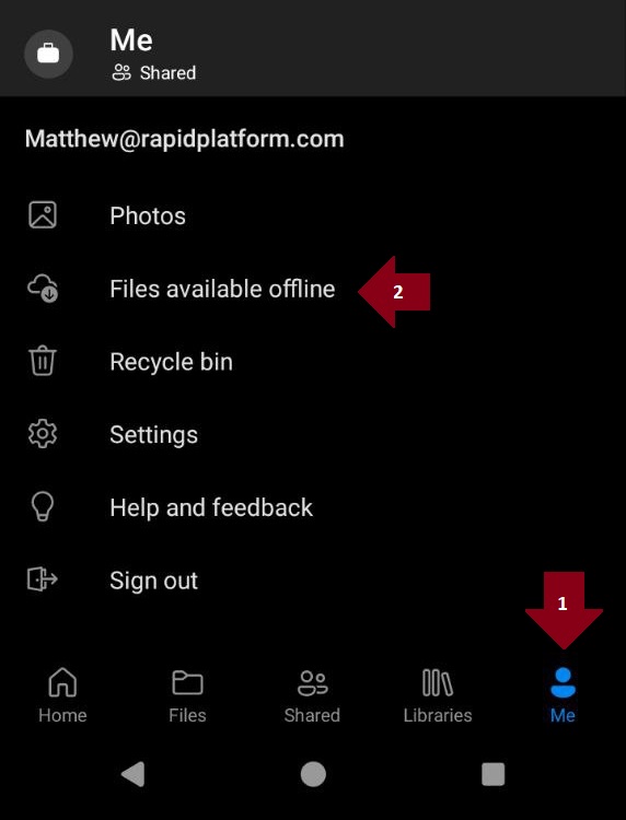 OneDrive Me tab showing options